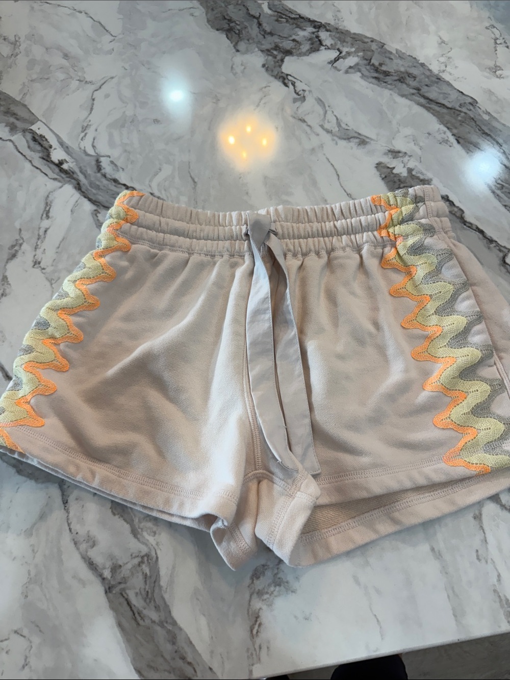 Free People Cream Drawstring Athletic Shorts with Zigzag Trim